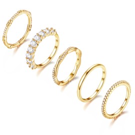 Dochais Pack of 5 Rings Gold Ladies Women 14k Gold Plated Ring Waterproof Set Golden Rings Statement Thumb Ring Finger Ring Stacking Ring Zirconia Narrow Ring Size 49-62, Zircon