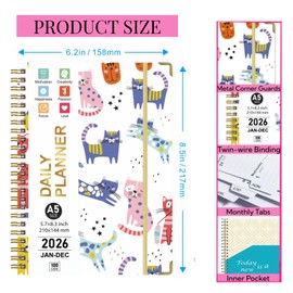 TFDLCG zm 2026 Academic Planner Weekly and Monthly,Jan 2026 to Dec 2026,School Year Planning Book,Hard Cover Daily Calendar Planner with Tabs,Small Size A5 (6.3" x 8.5") for Student Kids&Women,Cute Cat