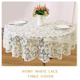 WUBODTI Cream Round Lace Tablecloth 60 Inches, Vintage Embroidered Floral Crochet Table Cover Christmas Decor Circle Overlay for Kitchen Coffee Wedding Dining Table