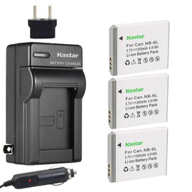 Kastar NB-6L Battery (3-Pack) + Charger for Canon PowerShot D10, D20, S90, S95, S120, SD770, SD980, SD1200, SD1300, SD3500, SD4000, SX170, SX240, SX260, SX270, SX280, SX500, SX510, SX600, SX705