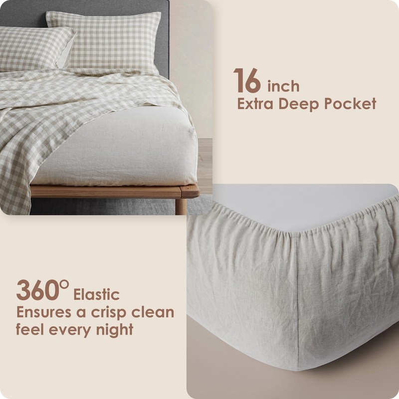 DAPU Linen Sheets Set Full, Gingham Check Plaid 100% Washed