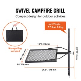 Happybuy Swivel Campfire Grill 360° Adjustable Fire Pit Grate, Heavy Duty Steel Cooking Rack, Portable Outdoor BBQ, Camping Fire Pit Cooking Equipment