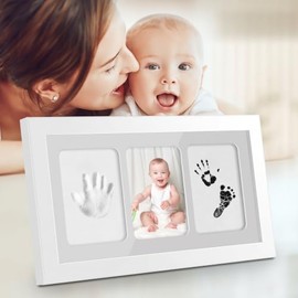 Marco Foto y Huellas Recuerdo de Bebe, Kit de Mano y Huella de Bebé, Conjunto de Marcos para Bebés con Arcilla de Secado Rápido, Almohadilla Sin Tinta, Pinceles, Pinturas, Recuerdo Perfecto para Bebé