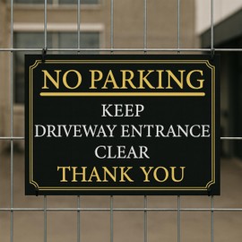 No Parking Sign – Keep Driveway Entrance Clear – Rust-Proof Weatherproof PVC, Outdoor Warning Sign, Multiple Sizes & Mounting Options – No. 016 (Black & Gold, A4 (210mm x 297mm) – Holes)
