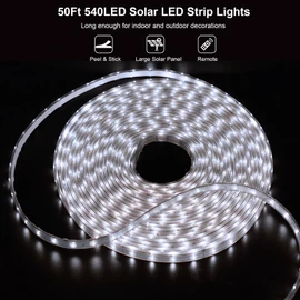 50Ft Solar LED Strip Lights Outdoor, 540 LED Long Strip Lights IP68 Fully Waterproof Acrylic Tape with Remote Self-adhesive, Cuttable Auto ON/OFF Rope Lights for Patio Pool Camping Decor (Cool White)