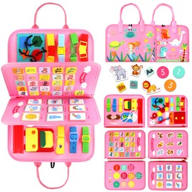 Qizfun Busy Board Montessori Toy for Toddlers, Educational Sensory Learning Toy for Fine Motor Skills, Preschool Travel Toy for Airplane & Car, Gifts for Boys and Girls (Pink/P4)