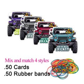 You've Been Ducked Game Card，Ducking Game Card for Jep,or SUV, Duck Tags, Rubber Duck for Tags, 4 Color Car Design, with Round Hole and Rubber Bands 50Pack (4 Color)