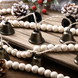 Roowest 13FT Rustic Christmas Bells Garland with Wood Beads Garland Rustic Farmhouse Mantlepiece Ornaments Vintage Christmas Decor Wall Hanging Holiday Decorations