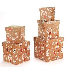 PAPER FAIR 5PCS Christmas Nesting Gift Boxes Set, Brown Kraft Xmas Stocking Red Foil Square Cardboard Nested Box w/Lid, for Gift Wrapping Holiday Present Birthday, Assorted Size