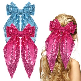 Kunyeah 2Pcs Girls Glitter Bow Hair Clip Women Large Bowknot Hair Tie Girl Bowknot Hairpin Sparkly Bow Hair Barrettes Vintage French Hair Clip Long Lace Style Hair Accessories (Blue/Purple)