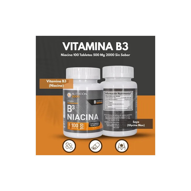 Vitamina B3 Niacina 100 Tabletas 500 Mg Nutricion 2000