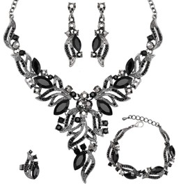 chaoyite Leaf Shape Bridal Costume Jewelry for Bride Wedding Necklace Earrings Bracelet Ring Sets Prom Dress Accessories, Copper Alloy, Crystal Rhinestone