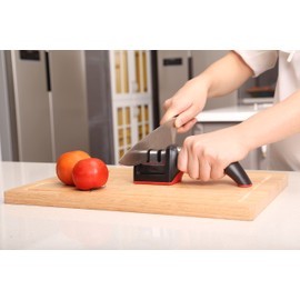 Ergo Chef Fastedge 2 Stage Knife Sharpener, Tabletop Kitchen Knife Sharpener, Tungsten Carbide and Ceramic Inserts, Red