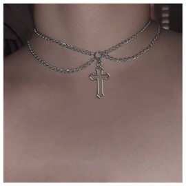 Erimberate Bohemian Layered Cross Pendant Necklace Hollow Cross Choker Necklace Chain Silver Cross Religion Necklace Chain Short Cross Collar Necklace Jewelry for Women and Girls Gifts