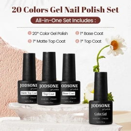 JODSONE Gel Nail Set 20 Colors High Shine Gorgeous Gel Polish Base Top Matte Coat Nice