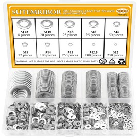 Sutemribor 1000 Pieces 9 Sizes 304 Stainless Steel Flat Washers for Screws Bolts, Stainless Steel Washers, Metal Washers, Assorted Washers (M2 M2.5 M3 M4 M5 M6 M8 M10 M12)