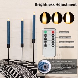 SEHNSY Flameless Taper Candles with Remote, Real Wax Battery Operated LED Candles Set with 3D Flickering Flame, 9.6" Realistic Dripless Candlesticks for Wedding Home Decor, 3 Pack Blue