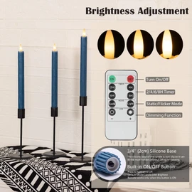 SEHNSY Flameless Taper Candles with Remote, Real Wax Battery Operated LED Candles Set with 3D Flickering Flame, 9.6" Realistic Dripless Candlesticks for Wedding Home Decor, 3 Pack Blue
