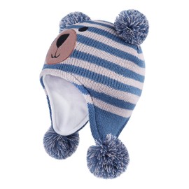 LANGZHEN Toddler Kids Toddler Winter Hat, Earflap Knitted Warm Cap Fleece Lined Beanie for Baby Boys Girls, Bear - Blue+Grey