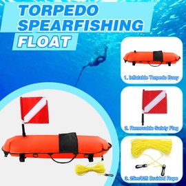 Owekfifv Spearfishing Buoy, Hi-Visibility Inflatable Torpedo Buoy Float Signal Floater Ball with Dive Safety Flag and 82ft Ropes for Scuba Diving, Freediving, Snorkeling, and Swimming etc (Orange)