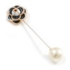 Vintage Inspired Black/White Enamel Rose Flower with Pearl Bead Lapel,