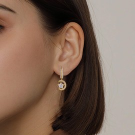 Sterling Silver Earrings for Women Dangle Hoop Charms Hypoallergenic Fashion Yellow Gold Jewelry Star Moon Birthday Gift