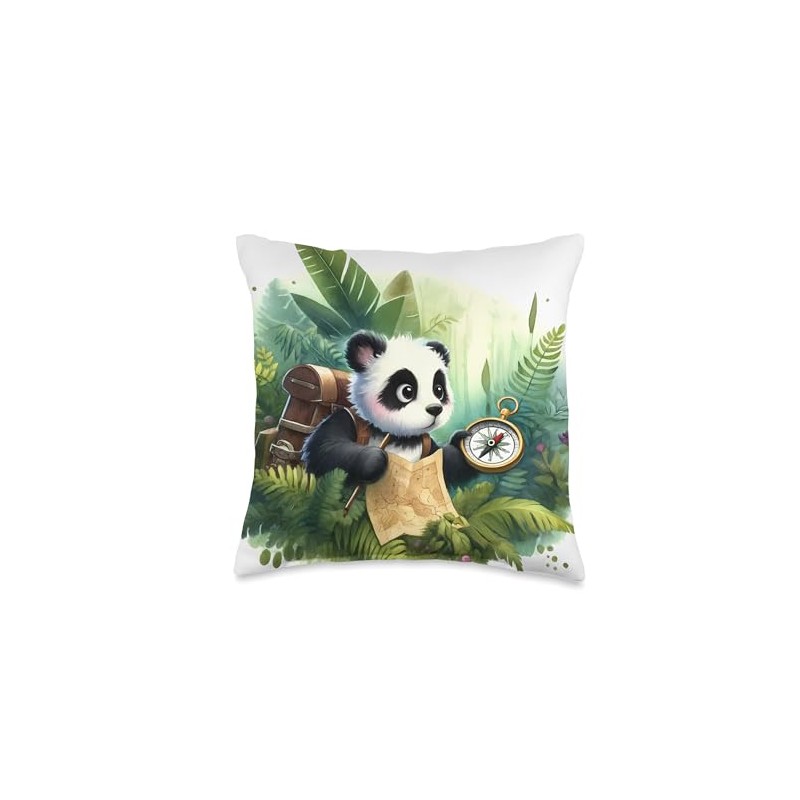 Panda Explorer In A Jungle With A Compass. Map Backpack
