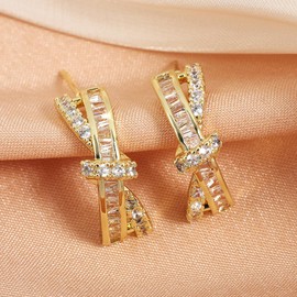 DIAMANTIO 18K Gold Plated Bow Knot Earrings for Women – Sparkling Cubic Zirconia Baguette & Round Crystal Studs, Elegant Crossover Design