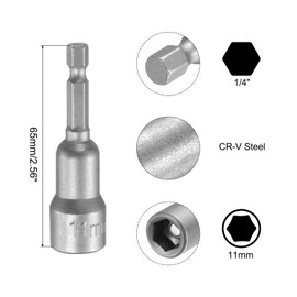 uxcell 11mm Magnetic Hex Socket 65mm/2.56", 1/4" Hex Shank Magnetic Power Nut Driver Set CR-V Quick-Release Extensions for Impact Drill Nut Setters Socket Wrench Screw, 2 Pcs
