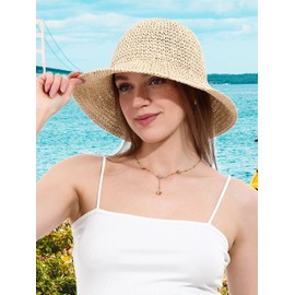 sy soul young Women's Straw Hat Wide Brim Hand Woven Foldable Beach Bucket Summer UV Protection UPF50+ Travel, beige, Unit size