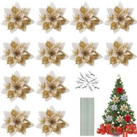 Qunkun Pack of 12 Christmas Glitter Poinsettia Artificial Flowers, Christmas Star Decoration Flowers, Christmas Flowers, Christmas Tree Decorations, Christmas Flowers with 12 Stems and Clips