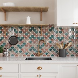 VEELIKE Grunge Fish Scale Backsplash Tile Peel and Stick Kitchen Stick on Backsplash Tile 6 Sheets Boho Peel and Stick Wall Tiles for Bathroom Powder Room Waterproof Adhesive Tile Stickers 12''x12''