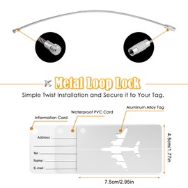 Yizhet 6 x Luggage Tags with Address Tag, Aluminium Luggage Tag, Suitcase Sign with Stainless Steel Cable and Waterproof PVC Name Tag, Luggage Tags for Luggage, Suitcase, Bag, Handbag (Silver)