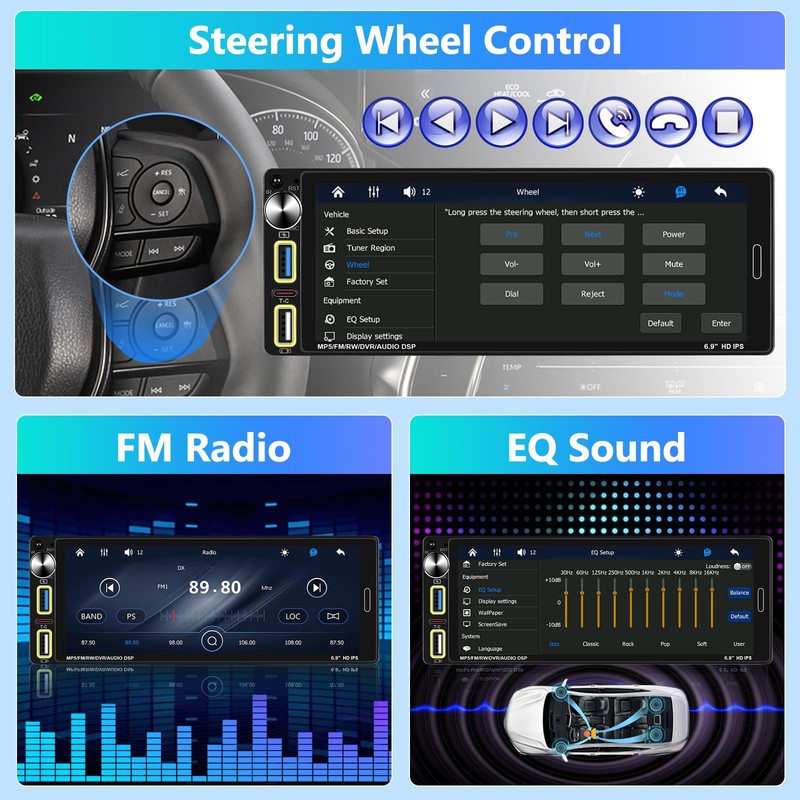 Motorsi Single Din Car Stereo with Wireless Apple Carplay, 6.9