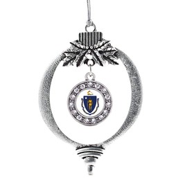 Inspired Silver - Massachusetts Flag - Silver Christmas Ornament - Circle Charm Christmas Tree Ornament with Cubic Zirconia - Holiday Hanging Decoration