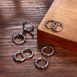 JewelryWe Men's Creole Earrings Retro Gothic Hoop Twisted Wavy Vine Ball Stainless Steel Stud Earrings Hiphop Punk Silver, Stainless Steel