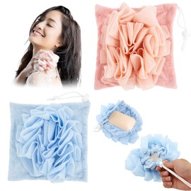 2 Pcs Bath Sponge with Drawstring,That Holds Bar Soap,for Cleansing and Smooth Skin,2 in 1 Loofah Washcloth Combo Soap Bar Loofah(Pink,Blue)