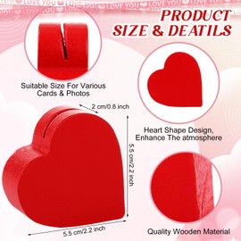 24 Pcs Valentine's Day Wooden Heart Place Card Holder Valentines Table Number Holders Red Heart Wood Table Signs Valentines Card Stand Rustic Picture Photo Clip for Wedding Bridal Party Decor