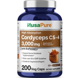 NusaPure Cordyceps 20:1 Extract, 150 mg Equivalent to 3,000mg 200 Veggie Capsules (Sinensis CS-4, Non-GMO, Vegan) Bioperine