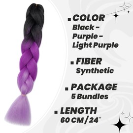 Dcbaboo Braids Extensions Synthetic Hair for Braiding 5 Pieces Ombre Braiding Hair Kanekalon Hair for Braiding Hair Extensions Braids Afro Box Braids Braiding 500 g, Black & Purple & Light Purple