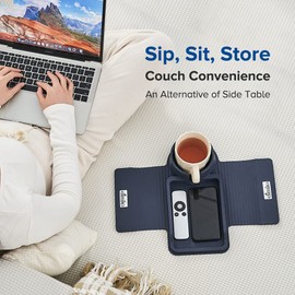 Couch Cup Holder Tray, Elimiko Silicone Sofa Drink Holder with Large Cup Holder and Tray, for Oversized Mugs/Long Remote/Snacks/Cellphone (Navy Blue)
