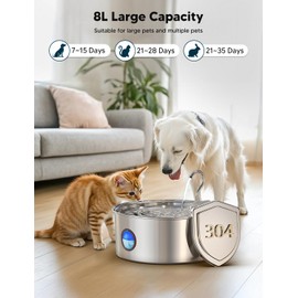 subteenmate Dog Water Fountain for Large Dogs- 270oz/8L Stainless Steel Dog Water Bowl Dispenser Automatic Pet Water Fountain with Ultra-Quiet Pump/Quadruple Filtration for Dogs, Cats, Multiple Pets
