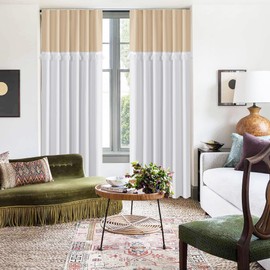 DWCN Back Tab Window Curtains - 84 inches Long Room Darkening Tieable Patchwork Curtains with Lace - Country Rustic Style - Beige & White - 2 Panels