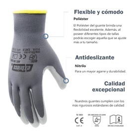 EXBRIECO Professional Work Gloves 3, 6 or 12 Pairs Protective Gloves, Polyester & Nitrile, Tactile Accuracy, Breathable, Elastic, Durable, for Construction, Mechanics, EPI