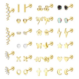 JeryWe 20 Paar Edelstahl Gold Ohrknorpel Ohrringe für Damen Mädchen 20G Helix Piercings Ohr Knorpel Ohrringe Tragus Knorpel Creolen Mond Stern Kleine Blume Conch Schraube Flache Rückseite Ohrringe