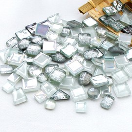 Mosaic Tiles Arts and crafts,Mosaic kits for Adults,200g Irregular Mosaic Tiles Square,Assorted Multicolor Crystal Glass Mosaic Stones for Crafts Home Decoration,Wall,Photo Frame(Silvery White Series)