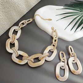 BOCAR Acrylic Chunky Statement Necklace for Women Cube Link Chain Collar Necklace and Hoop Earrings Costome Jewelry Set (NK-10667-Antique White)