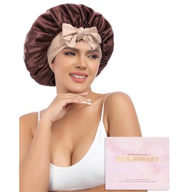 AWAYTR Silk Bonnet for Sleeping Women - 100% Mulberry Silk Bonnet with Band 2 Layer Reversible Hair Bonnet Sleeping Hair Wrap (Dark Brown/Light Champagne)
