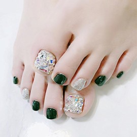 Vezocim Green False Toenails Sets, Press on Toenails Coffin with Rhinestone Designs, Full Cover Artificial Acrylic Fake Nails for Toe, Glue on Toenails with Charm, Stick on Toe Nails for Women