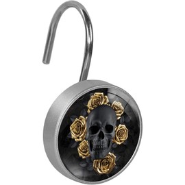 Black Skull with Gold Roses Shower Curtain Hooks Set of 12 Rustproof Metal Decorative Shower Hooks for Curtains Rods Shower Curtain Rings for Bathroom Living Room Bedroom